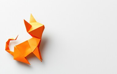 A playful orange paper origami cat on a crisp white background.