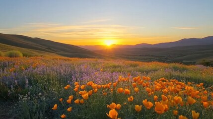Golden Poppies Bloom at Sunset Over Rolling Hills