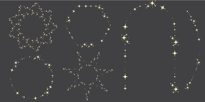 Magic star arch. Stars arch, star compositions graphic art. Shiny elements, starry and dots silhouettes. Comets and abstract constellations, retro celestial vector set