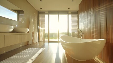 Fototapeta premium Stylish bathroom with freestanding bathtub and modern fixtures