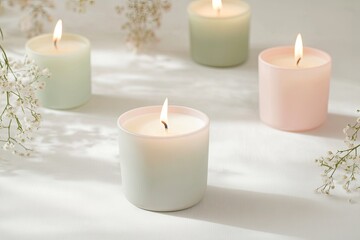 Softly lit candles in pastel hues create serene and calming atmo