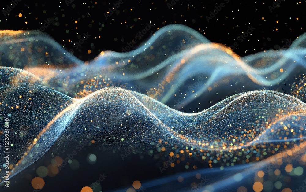 Poster abstract glowing particles wavy forms with bokeh lights on dark background.