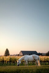 Fototapeta premium Serene landscape features white horse grazing near vineyard and