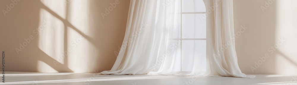 Poster sunlight filters through an arched window adorned with sheer linen curtains, illuminating a smooth b