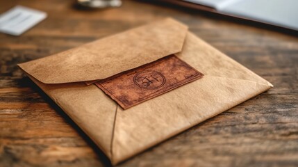 Fototapeta premium Rustic kraft envelope, sealed, wooden desk, office background, gift packaging