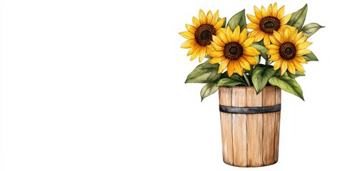 Obraz premium Rustic Summer Still Life: Vibrant Sunflowers in Wooden Bucket