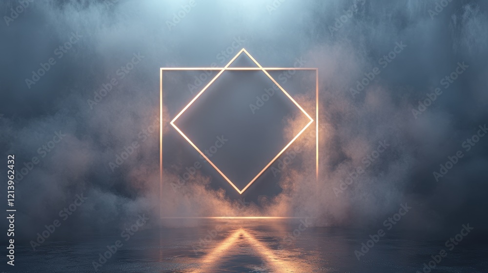Poster mysterious neon rectangle portal in foggy scene with reflective surface, 3d rendering.