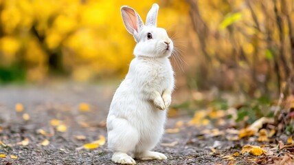 A cute white rabbit stands upright on a pathway adorned with autumn leaves, surrounded by vibrant yellow foliage.