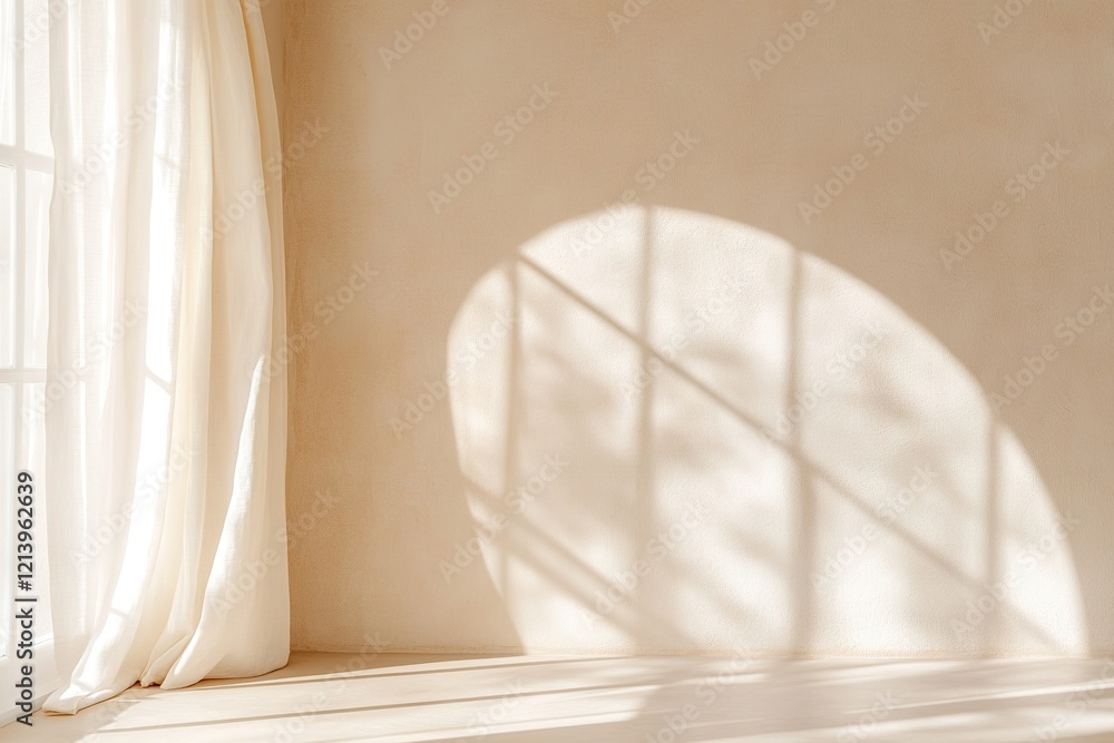 Poster soft light pours through a beautifully arched window adorned with sheer linen curtains, creating a c