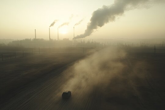 Dusty road leads to industrial site, smoke billowing from chimne