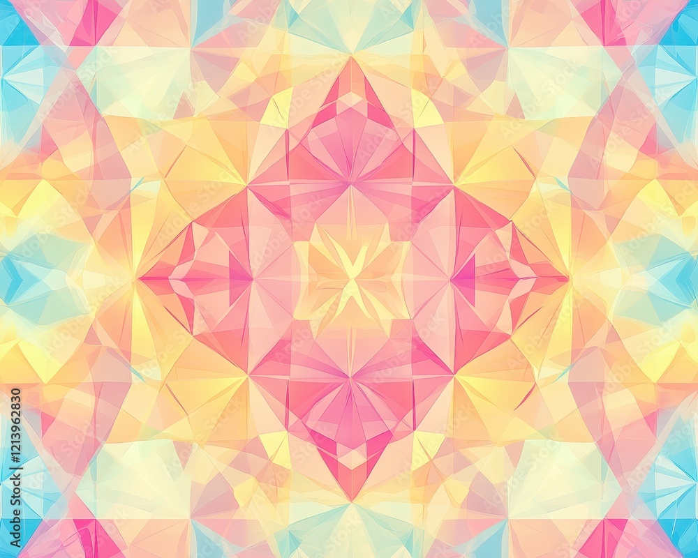 Poster abstract geometric kaleidoscope pattern with pastel colors and transparency effect.
