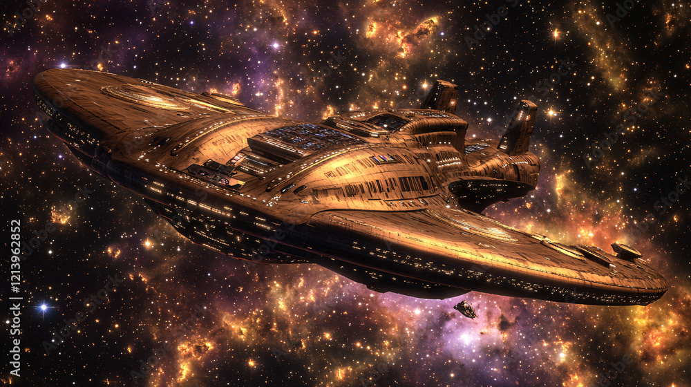 Poster a futuristic golden spaceship with an intricate design floats through a glowing cosmic galaxy filled