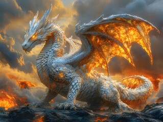 Majestic Four Dimensional Dragon Gliding Through Tumultuous Volcanic Skyscape