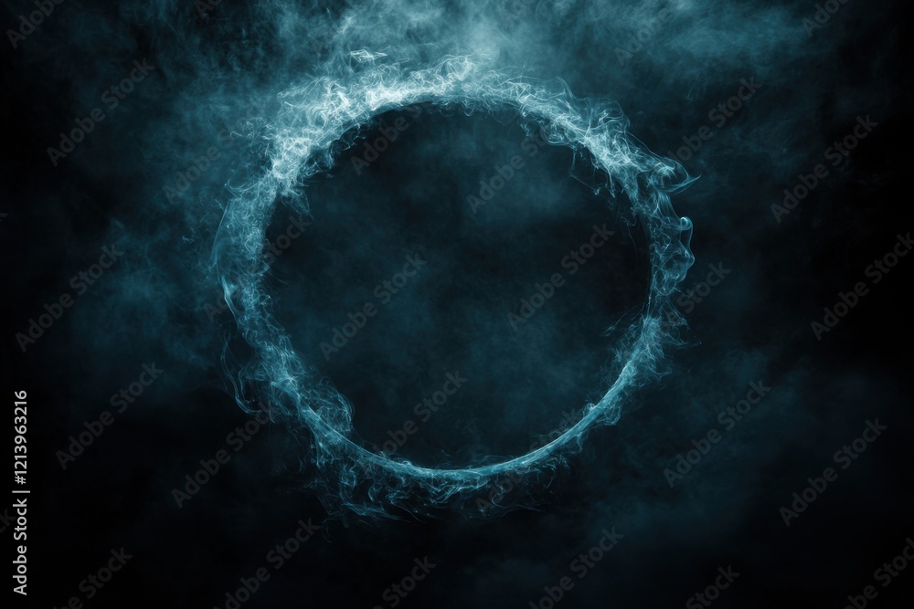 Poster mystical swirling smoke ring frame with text copy space in the middle on a black backdrop. backgroun