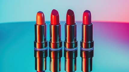 Obraz premium Four lipsticks, neon background, reflection, beauty