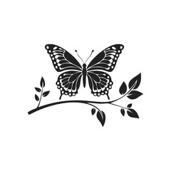 Butterfly Silhouette with Flower and Branch - Elegant Vector Design