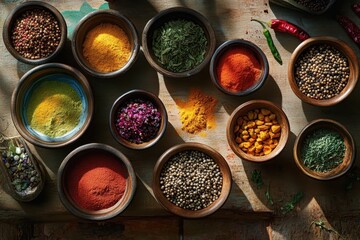 Assortment of Colorful Spices and Herbs in Wooden Bowls on Rustic Tabletop.