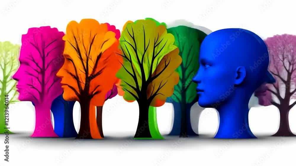 Poster tree with a head on it is shown in a row with other trees. the trees are of different colors and siz