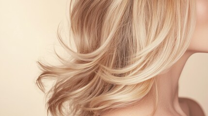 Naklejka premium Soft, flowing blonde hair cascades elegantly against subtle back