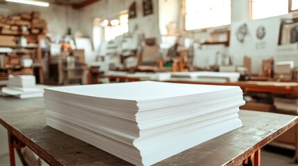A stack of high-quality printing paper neatly organized on a table in a printing workshop, soft lighting illuminating the edges