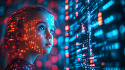 Gen Beta. Curious young girl with glowing red and blue digital code projected on her face, gazing intently at a futuristic data screen in a neon-lit environment