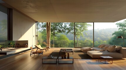 Fototapeta premium Modern living room with large windows and minimalist decor