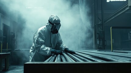 Fototapeta premium A worker in protective gear inspecting steel bars at a factory