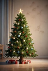 Evergreen Christmas tree with star-shaped ornaments, glowing lights, holiday decoration, evergreen christmas tree
