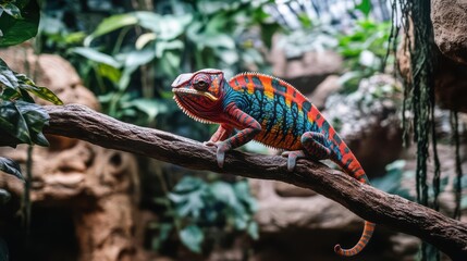 Vibrant Chameleon on Branch in Natural Forest Light