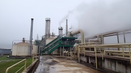Obraz premium Chemical processing plant with tanks and pipes, mist filling the environment in a foggy atmosphere