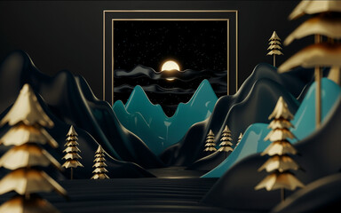 Serene stylized night landscape with dark rolling hills, teal accents, and striking gold trees beneath a starlit sky and a glowing moon