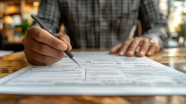 Person filling out a form with a pen. Close-up view of hands and paperwork on a wooden table. 