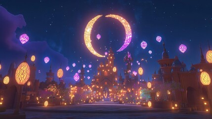 Enchanting Illuminated Castle Night Scene with Floating Lights