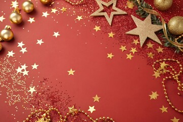 Festive red and gold background with twinkling stars and glitter, celebration, luxurious atmosphere