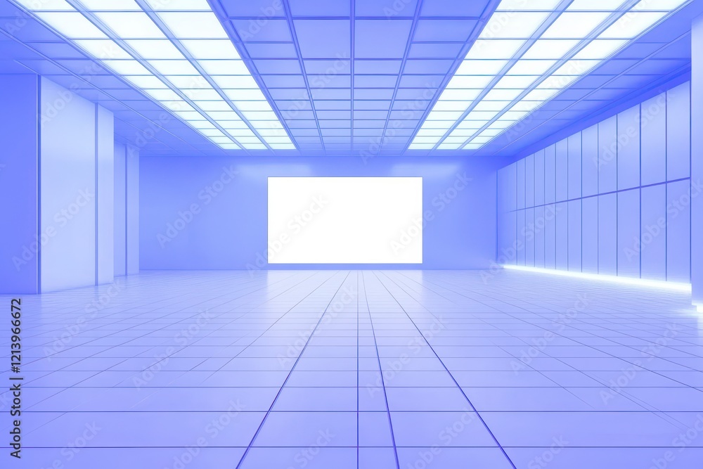 Poster modern empty room with neon lighting and blank white display panel, 3d rendering.