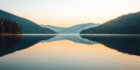 Obraz premium Serene Lake Reflection at Dawn Mountainous Landscape with Golden Light and Mist.