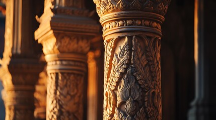 Thai temple pillars with detailed hand-carved patterns reflecting cultural heritage