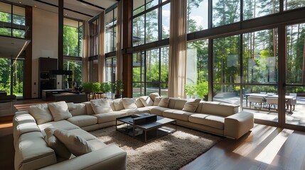 Fototapeta premium Stylish living room with contemporary furniture and large windows