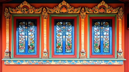 Thai temple windows featuring vibrant colored patterns and delicate designs