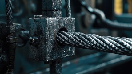 Close-up of steel wire rope being pulled through an industrial machine