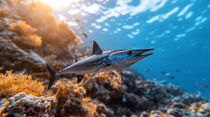 Obraz premium Barracuda swims coral reef ocean sun. Underwater wildlife scene, ideal for marine life documentaries