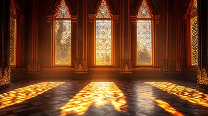 Thai temple with geometric patterns on the windows illuminated by soft sunlight
