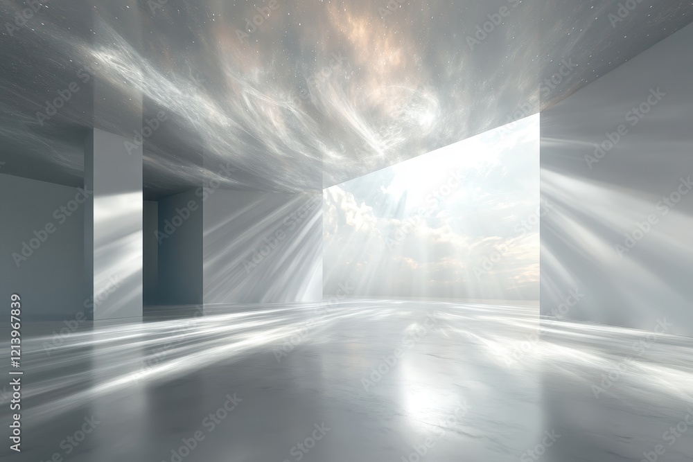 Poster abstract architectural space with ethereal sky and light rays