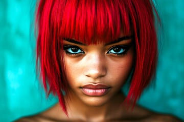 Fototapeta premium Short haircut - red hair. Commercial ad campaign idea. Gorgeous calm black girl - for ads, poster and social media use. Advertising photography. Creative black portrait. African american hai.