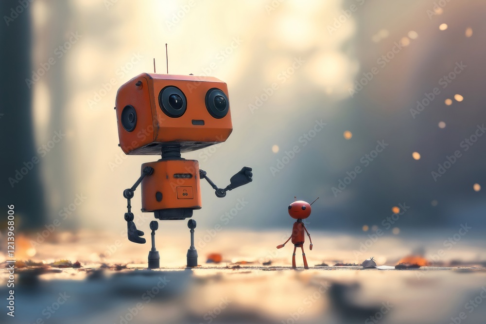 Poster orange robot presenting a small red robot in a forest at sunset, concept of machine learning and art