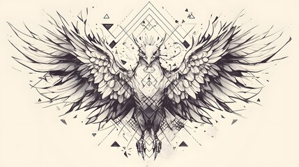 Phoenix bird tattoo sketch in black ink with geometric details