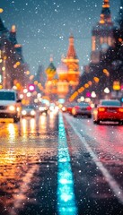 Wet, Snowy City Street View With Blurred Traffic And Bokeh, Evening Urban Architecture Photography