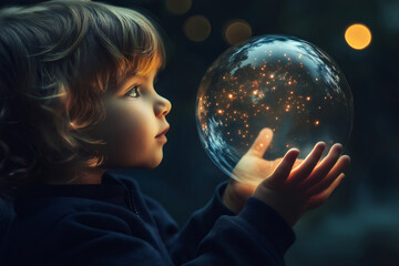 Naklejka premium Toddler looking with admiration at a crystal ball containing a bright universe, symbolizing infinite potential and the power of imagination