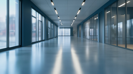 Obraz premium Modern Office Corridor with Glass Walls and Bright Lighting 