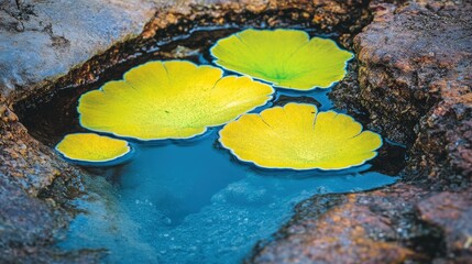 Vibrant green lily pads floating on tranquil blue water nestled in a rocky crevice, showcasing nature's harmony and beauty.